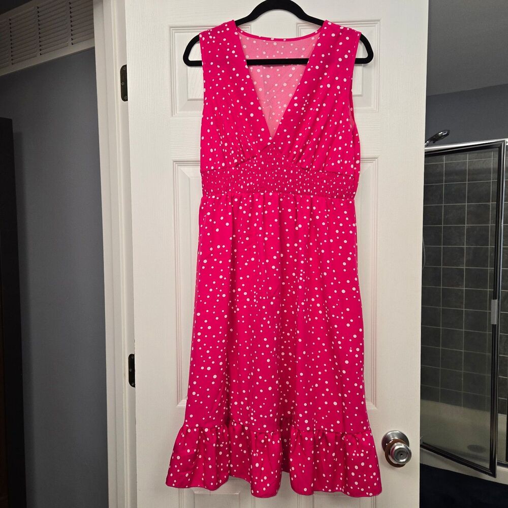 Shein Curve Magenta Pink White Polka Dot V-Neck Smocked Midi Dress Womens 0XL